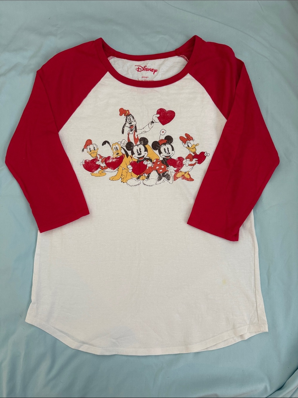 Disney White Raglan Tee with Red Sleeves and Classic Character Hearts